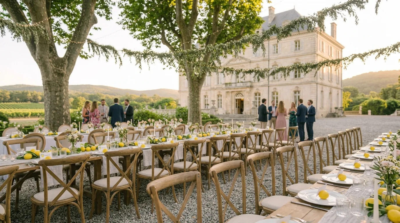 Réception de mariage en extérieur avec tables dressées, décor citron et château en arrière-plan