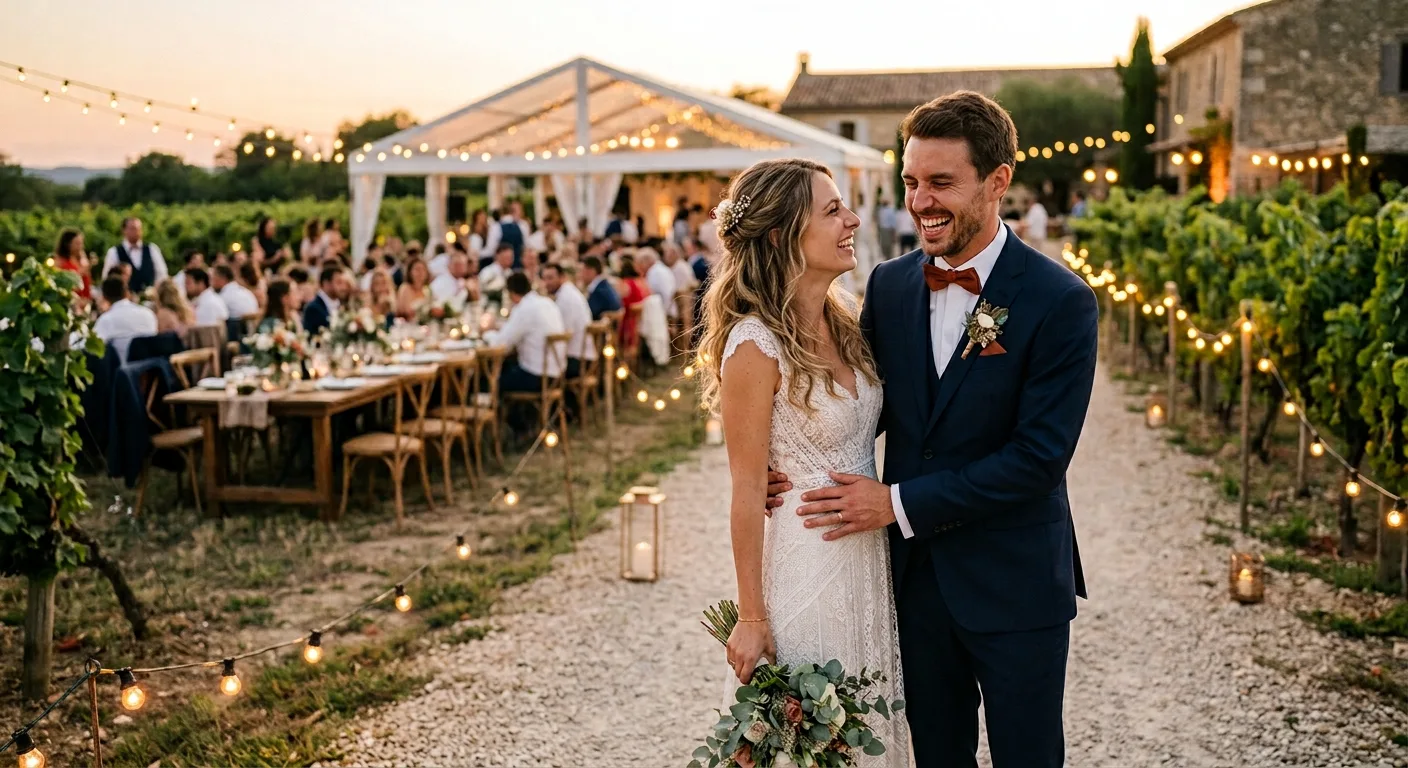 Un couple de mariés heureux dans les vignes lors de leur réception de mariage