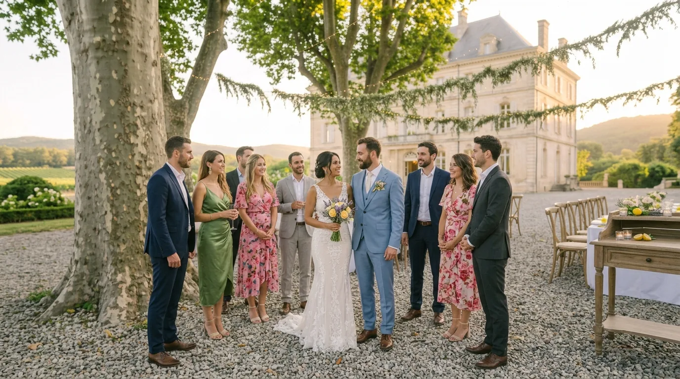 Le couple entouré de ses invités souriants devant un château, lors de la réception du mariage