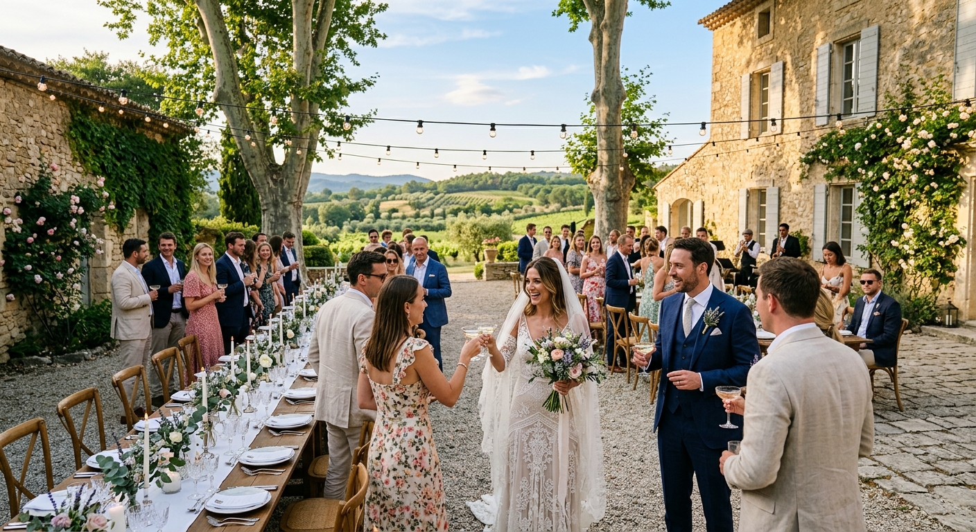 Un couple de mariés trinque avec leurs invités lors du vin d'honneur, dans une propriété provençale entourée d'oliviers