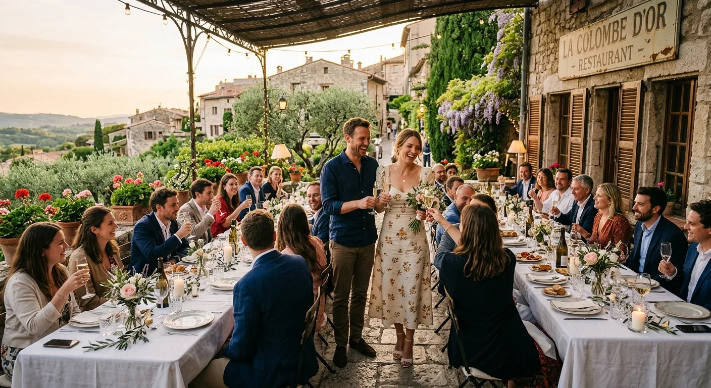 Un couple célèbre son PACS avec ses invités autour d'une grande tablée en extérieur, verres de champagne à la main