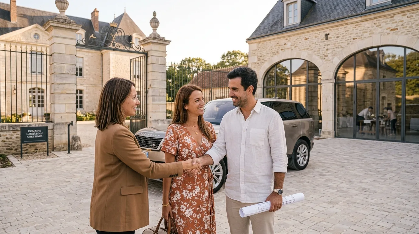 Une wedding planner serre la main d'un couple de futurs mariés devant un lieu de réception